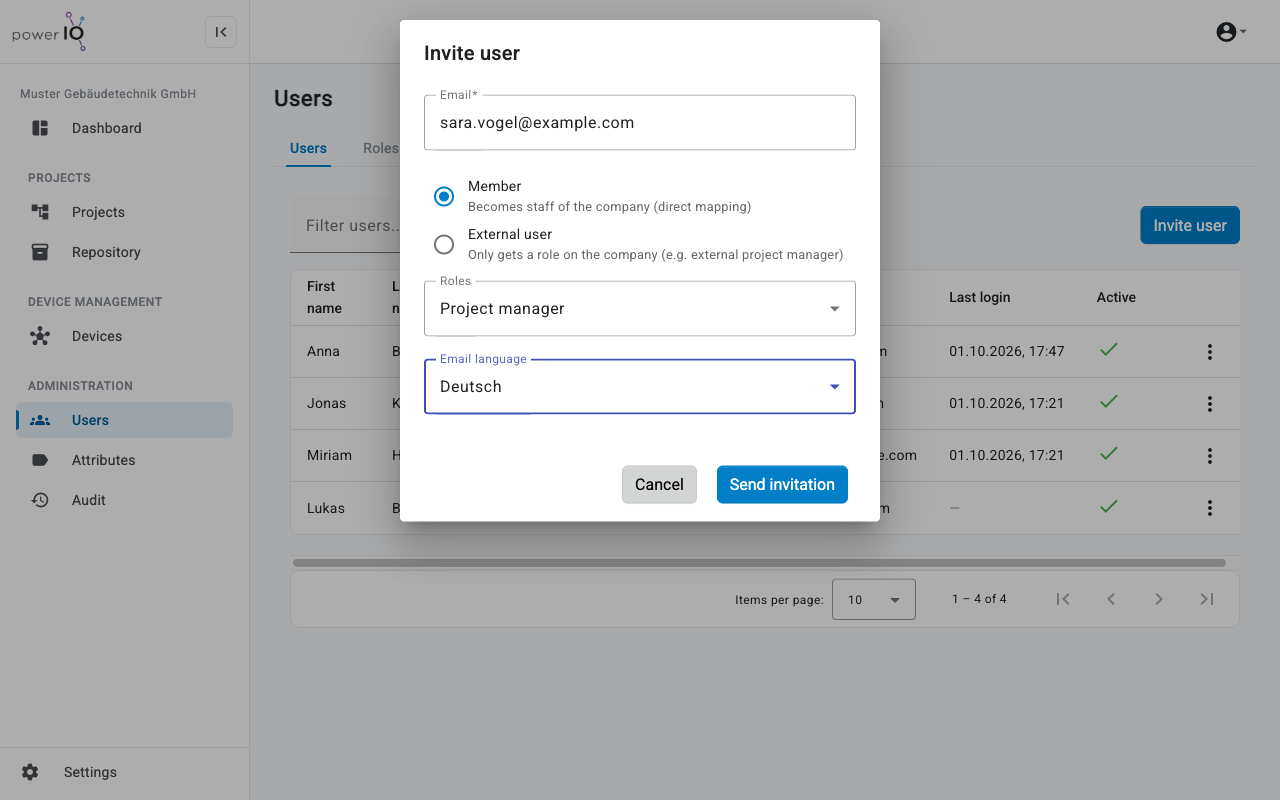 Dialog Invite user mit E-Mail Adresse, Typ Member, Rolle Project manager und E-Mail Sprache Deutsch