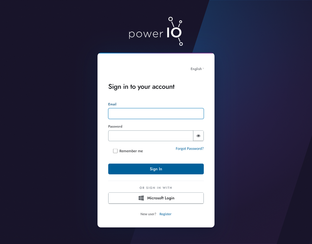 Anmeldeseite von powerIO Orbit mit den Feldern Email und Password, dem Button Microsoft Login und dem Link Register